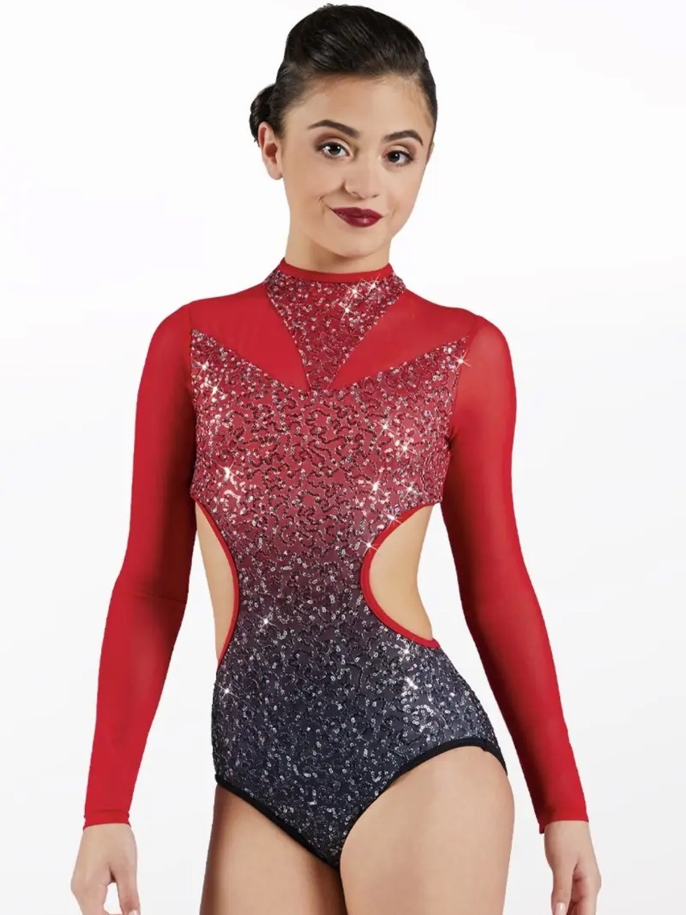 Weissman Elite Ombre Sequin Cutout Leotard Dance Costume Red Black NEW Small